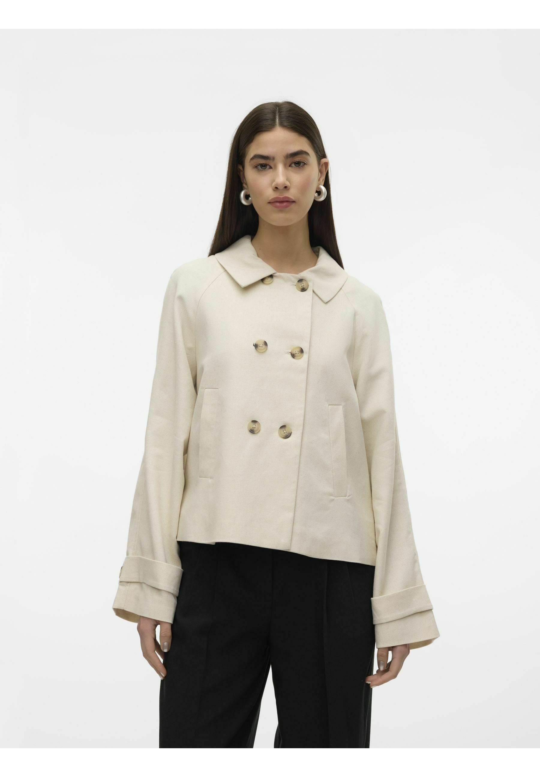 VERO MODA Damen Jacke – Einfarbig, Mit Reverskragen Und Knopfverschluss, Lang Mit Seitentaschen
