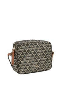 Borsa a tracolla in tessuto stampato con un design verde scuro e beige. Presenta una chiusura con zip, una tracolla marrone e dettagli in metallo dorato.