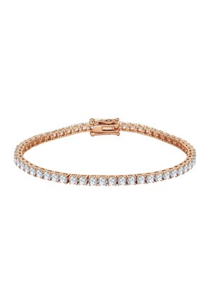 Rosa guld tennisarmbånd med en række rundslebet diamanter og en sikker kasse-lås på en hvid baggrund.