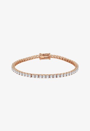 Rosa guld tennisarmbånd med en række rundslebet diamanter og en sikker kasse-lås på en hvid baggrund.