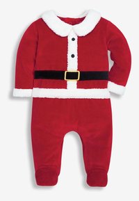Rød fleeceheldragt designet som Julemanden med hvid pelskant, sort bælte og tre sorte knapper på en hvid stolpelukning.