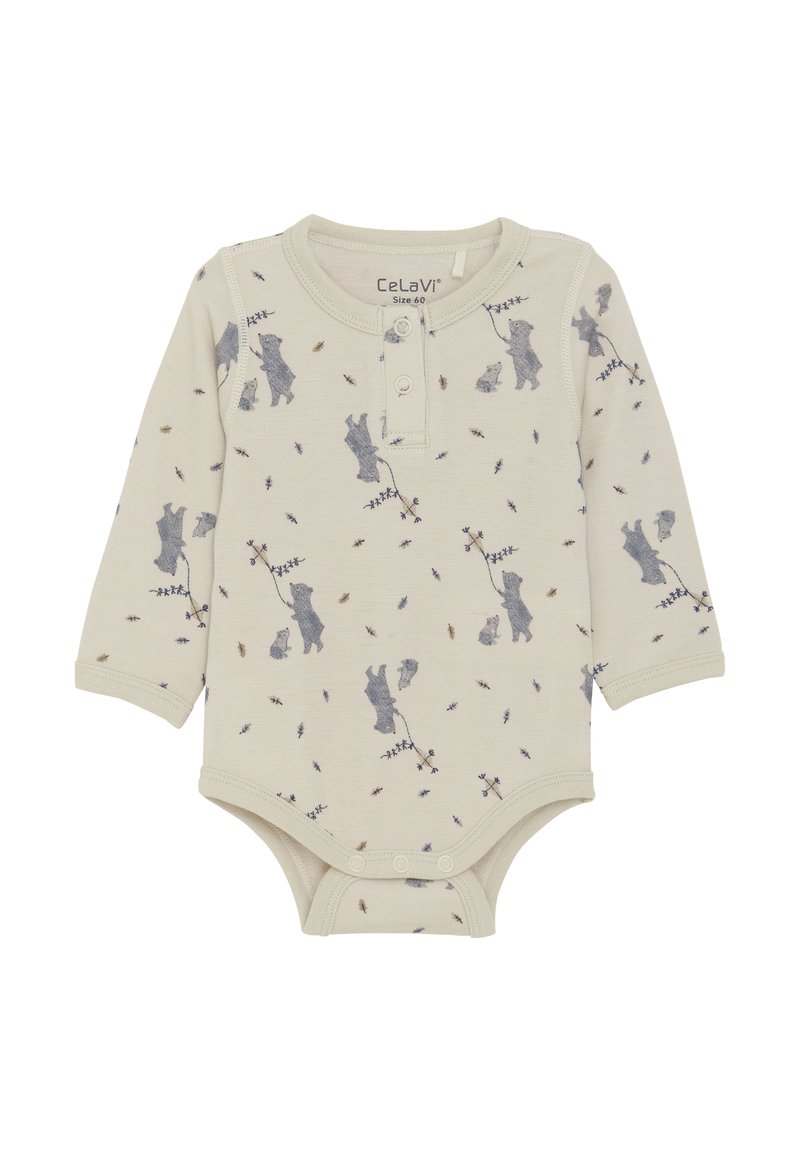 Långärmad babybodysuit i krämfärgad bomull med en mjuk textur, med ett björnmönster i nyanser av blått och brunt, knäppning i botten.