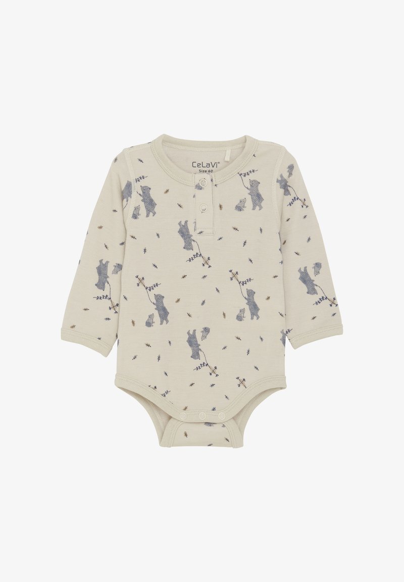 Långärmad babybodysuit i krämfärgad bomull med en mjuk textur, med ett björnmönster i nyanser av blått och brunt, knäppning i botten.
