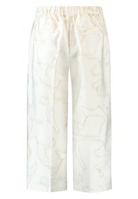 Kremowe spodnie o szerokich nogawkach z elastycznym pasem, ozdobione teksturowanym abstrakcyjnym wzorem w jasnobeżowym kolorze. Posiadają dwie tylne kieszenie.