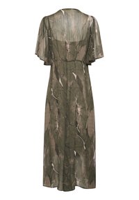 Robe longue, verte olive avec un imprimé botanique, manches courtes flottantes et coupe ample. Tissu doux et transparent avec une silhouette fluide.