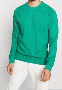 Sudadera de algodón verde con cuello redondo, mangas raglán largas, puños y bajo de canalé, exhibida sobre pantalones blancos. Sin patrones ni acentos.
