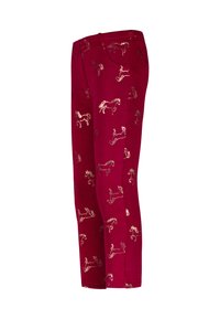Rode leggings met een slim fit hebben gouden paardenpatronen in het geheel. Gemaakt van een zachte stof, hebben ze een gladde textuur en een rekbare tailleband.
