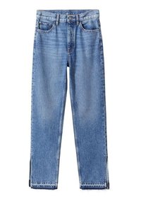 High-waisted blue denim jeans with a straight leg design, featuring two front pockets and side slits at the ankle. Distressed texture visible.