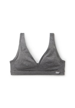 Grijze katoen bralette met een V-halslijn, brede banden en een zachte textuur. Heeft een rekbare band en minimale stiksels.