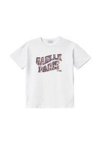 T-shirt bianca in cotone con la scritta "GAELLE PARIS" in un motivo leopardato, con l'anno di fondazione 1982 sottostante in nero. Maniche corte.