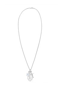 Silver chain necklace with a round pendant, featuring a cross and a small blue crystal accent. Smooth texture, minimalist design.