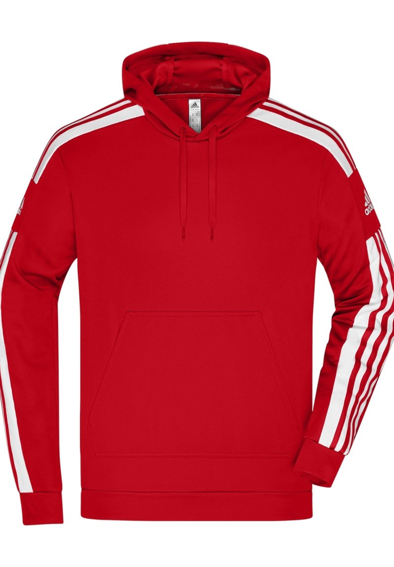 Sweat à capuche rouge Adidas avec des rayures blanches sur les manches, logo Adidas sur le bras gauche, poche kangourou à l'avant et capuche avec cordon de serrage.