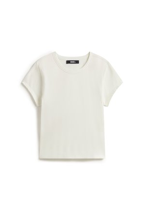 Effen wit Vans T-shirt met korte mouwen en ronde hals, met een klein zwart Vans-logo label aan de binnenkant van de kraag.