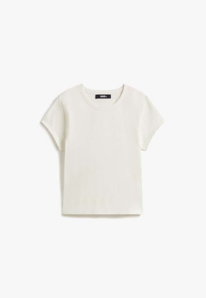 Hvid Vans t-shirt med kort ærme og rund hals, i en enkel stil med et lille sort Vans-logo indeni kraven.