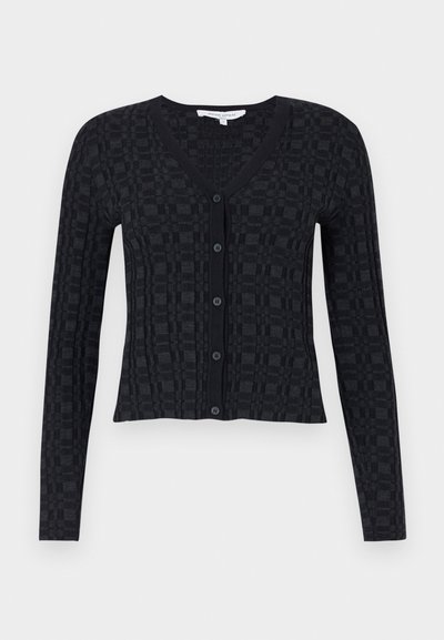 Cardigan negru cu decolteu în V, mâneci lungi și un model texturat în carouri, prevăzut cu închidere cu butoane în față și tiv ribbat.