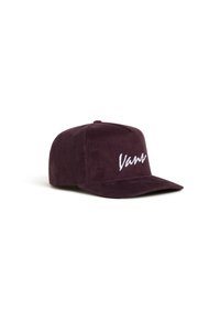 Fioletowa czapka z korduroy z płaskim daszkiem, z białym haftowanym napisem "Vans" z przodu. Tekstura materiału z widocznymi żebrami.