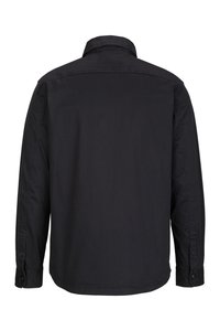 Schwarzes Langarmhemd mit Kragen, aus festem Baumwollstoff gefertigt. Verfügt über einen knöpfbaren Bund und einen geraden Saum am unteren Ende.