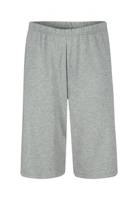 Gray sweat shorts made of soft, lightweight fabric. Features an elastic waistband and a relaxed fit, with hemmed edges and no pockets.