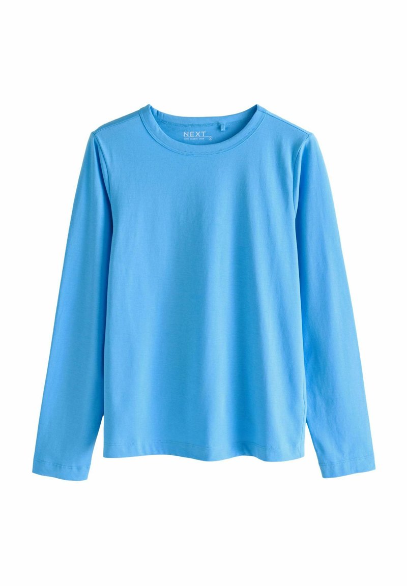 Langsleeve blauwe katoenen T-shirt met een ronde halslijn en een ontspannen pasvorm. Glad textuur, minimale stikseldetails en zonder patronen.