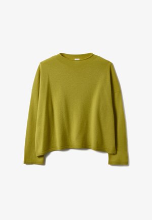 Maglione a maniche lunghe color verde oliva con scollo a girocollo, vestibilità comoda e polsini e orlo a coste, mostrato su uno sfondo bianco.