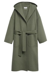 Olive green, long robe with a hood, wide sleeves, front pockets, and a detachable tied belt. Made from soft fabric with a textured finish.