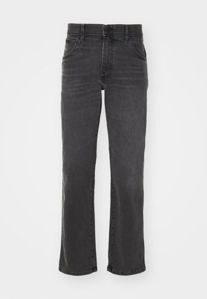 Black denim trousers with a straight-leg design. Features five-pocket styling, a button and zipper closure, and a slightly faded texture.