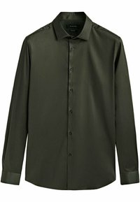 Camicia a maniche lunghe verde scuro realizzata in tessuto morbido, con colletto a punta, chiusura con bottoni e polsini a barile. Design minimale senza motivi.