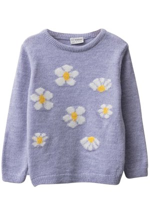 Pull violet clair à manches longues avec des motifs de marguerites blanches et jaunes dispersées sur le devant, conçu pour enfants taille 5-6 ans.
