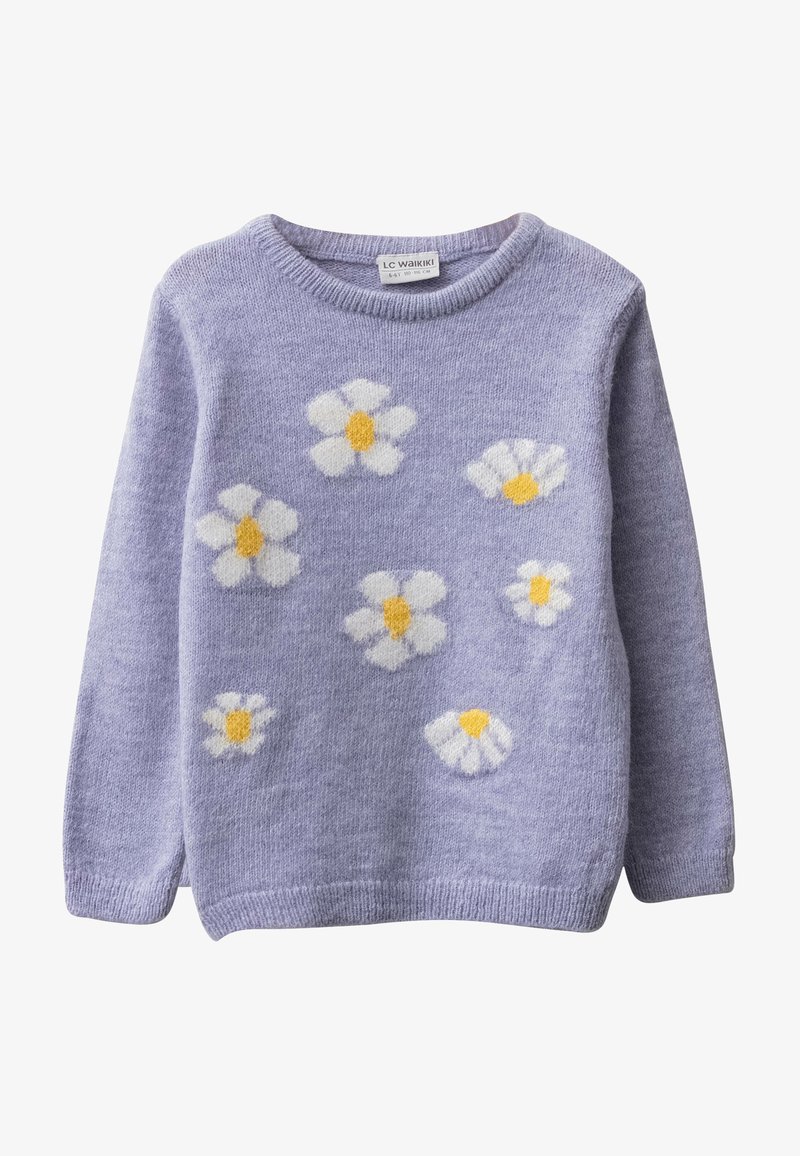 Pull violet clair à manches longues avec des motifs de marguerites blanches et jaunes dispersées sur le devant, conçu pour enfants taille 5-6 ans.