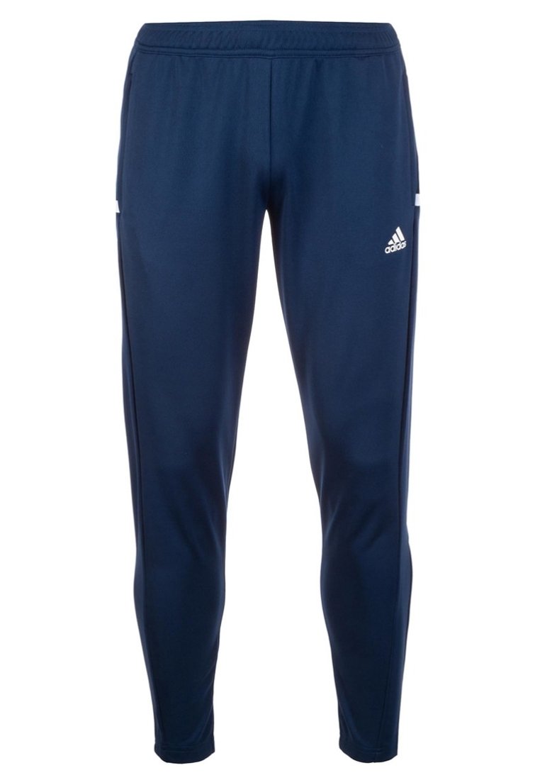 Marineblaue Adidas Trainingshose mit elastischem Bund, schmal zulaufenden Beinen und weißem Adidas-Logo am oberen linken Oberschenkel.