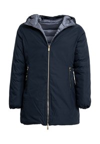 Cappotto imbottito blu navy con cappuccio, foderato internamente in grigio, dotato di due tasche laterali e chiusura frontale con cerniera e dettagli in oro.