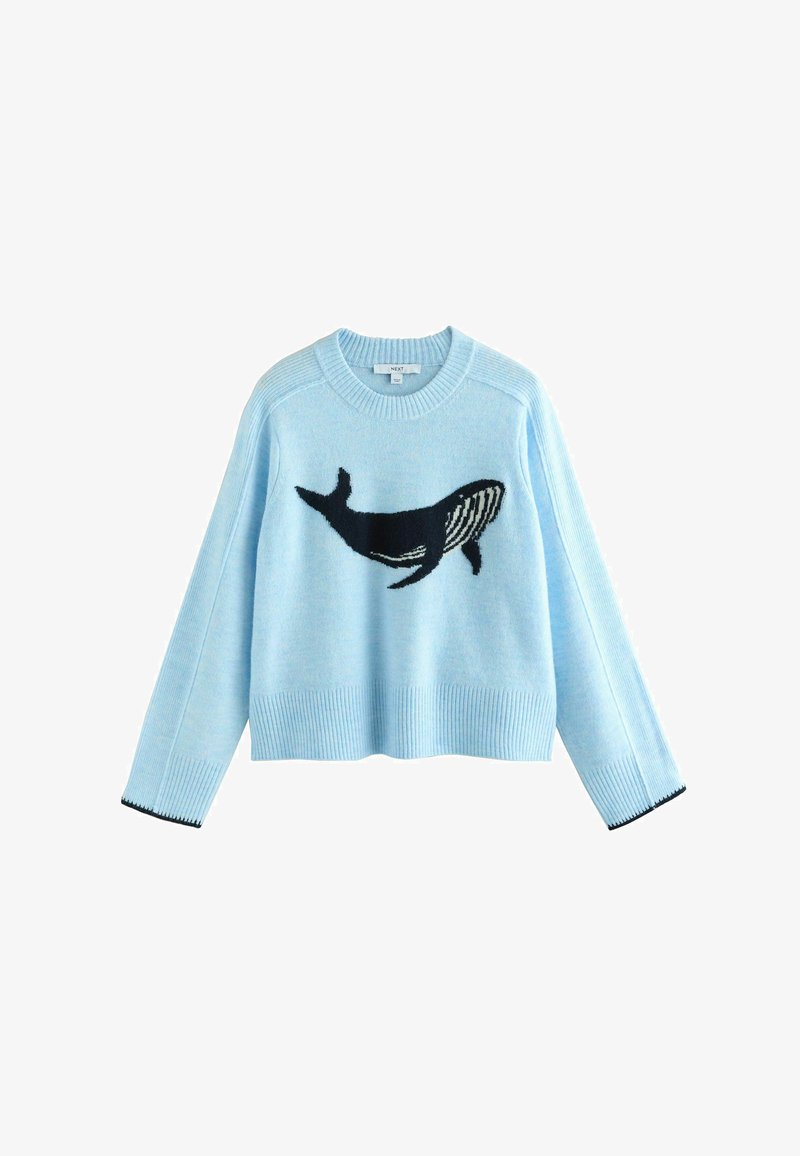 Lichtblauwe sweater met een zwart walvisontwerp. Heeft een ronde hals, geribbelde zoom en manchetten. Gemaakt van zachte, gebreide stof.