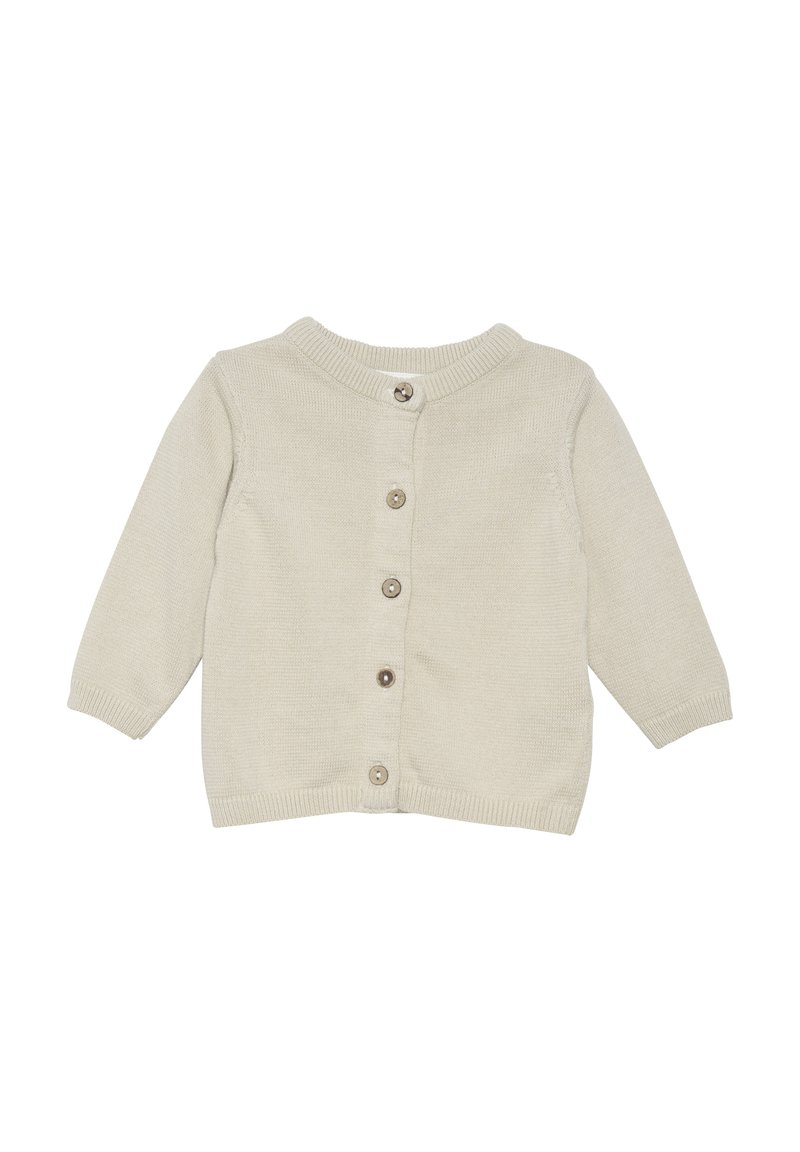 Beige stickad babycardigan med rund halsringning, långa ärmar och fem framknappar med bruna detaljer. Mjuk och texturerad tyg.