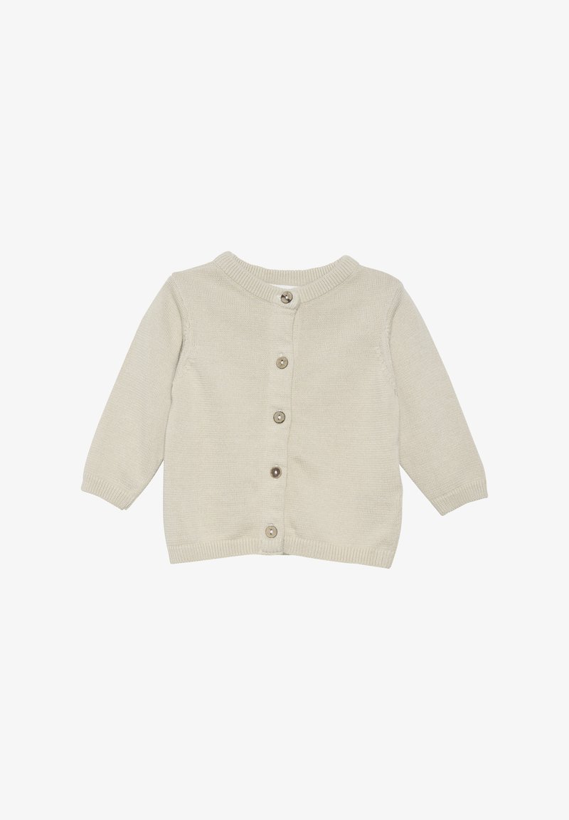 Beige stickad babycardigan med rund halsringning, långa ärmar och fem framknappar med bruna detaljer. Mjuk och texturerad tyg.