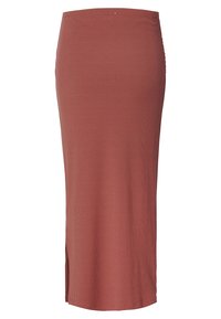 Geribbelde midi-skirt in terracotta met een aansluitend ontwerp, zijslit en elastische tailleband. Gladde textuur met een subtiele glans.
