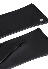 Black leather gloves with a smooth texture, featuring a separate thumb design and a small silver emblem on one side.