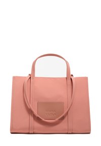 Różowa skórzana torba na ramię z dwoma uchwytami i małą przednią kieszenią z tłoczonym logo „BIMBA Y LOLA”.