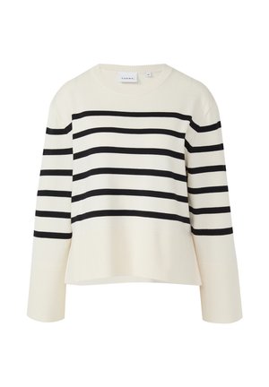 Hellcremiger Pullover mit langen Ärmeln und breiten schwarzen horizontalen Streifen über Brust und Armen, gerippte Bündchen und ein rundes Halsbündchen.