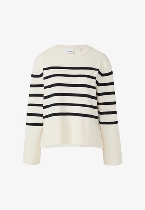 Hellcremiger Pullover mit langen Ärmeln und breiten schwarzen horizontalen Streifen über Brust und Armen, gerippte Bündchen und ein rundes Halsbündchen.
