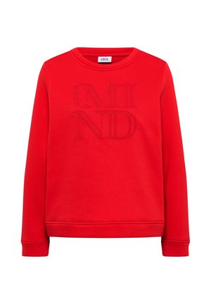 Sudadera roja de tejido texturizado con la inscripción "open MIND" en relieve de un tono contrastante. Con mangas largas y cuello redondo, y puños de canalé.