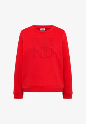 Felpa rossa realizzata in tessuto testurizzato, con la dicitura "open MIND" in rilievo di tono contrastante. Maniche lunghe e collo rotondo con polsini a coste.