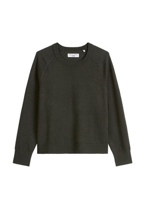 Dark gray cropped sweatshirt with a round neckline, long raglan sleeves, and ribbed cuffs and hem. Made of soft cotton material.