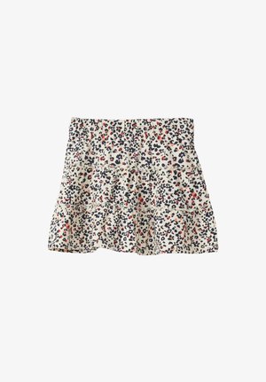 Mini-jupe à volants avec ceinture élastique, fond crème et motif léopard multicolore noir et rouge.