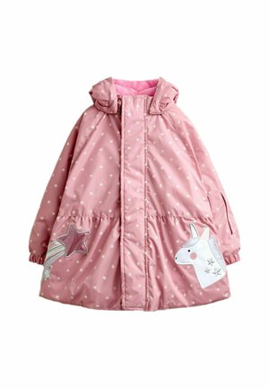 Roze kinderjas met witte sterrenpatronen, met aan de ene kant een vallende ster en aan de andere kant een eenhoorngezicht, en een capuchon.
