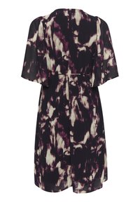 Robe noire et crème avec un motif abstrait violet, manches courtes à volant, coupe décontractée et ourlet au niveau des genoux.