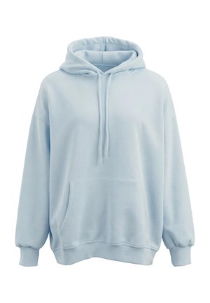 Lyseblå oversized hættetrøje med front kangaroo-lomme, justerbar snøre hætte og ribstrikkede manchetter og kant.