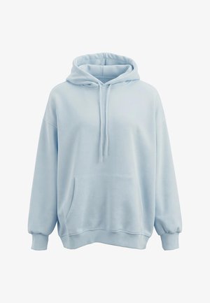 Jasnoniebieska, oversize bluza z kapturem z przednią kieszenią kangurzą, regulowanym sznurkiem i ściągaczami na rękawach i dole.