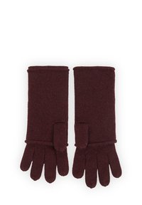 Bordowe dzianinowe rękawiczki z prążkowanym mankietem, z pięcioma palcami i teksturowanym wykończeniem. Tkanina wydaje się miękka i ciepła.