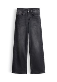 Jean taille haute à jambe large en denim gris foncé, avec fermeture à boutons, poches avant et texture lisse et uniforme.