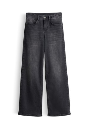 Jean taille haute à jambe large en denim gris foncé, avec fermeture à boutons, poches avant et texture lisse et uniforme.
